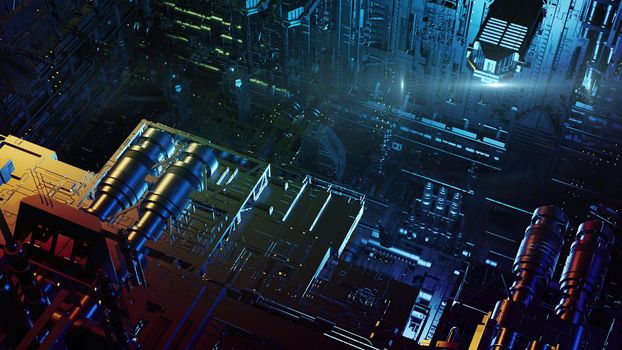 3d illustration - alien sci-fi city with optical flares