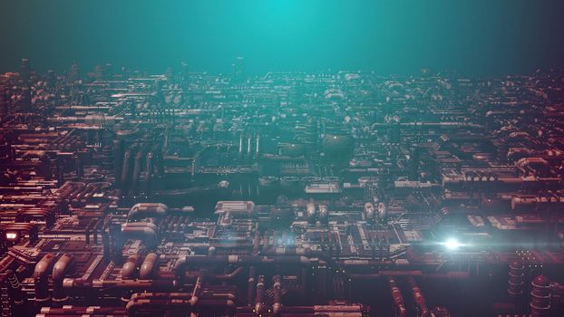 3d illustration - alien sci-fi city with optical flares