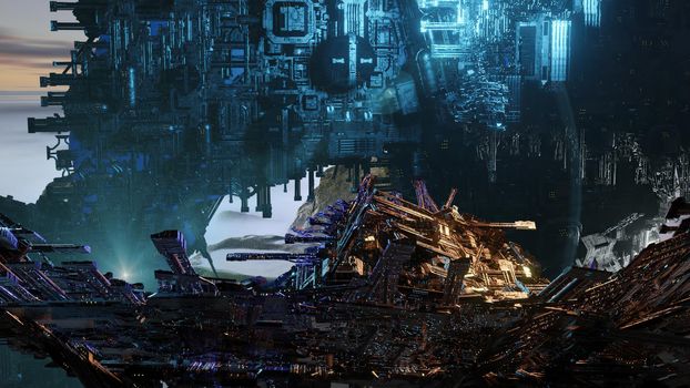 3d illustration - alien sci-fi city with optical flares