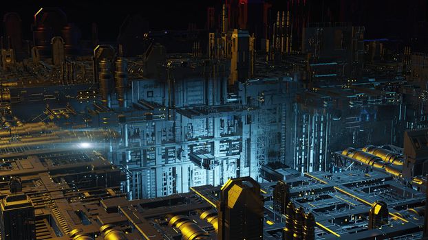 3d illustration - alien sci-fi city with optical flares