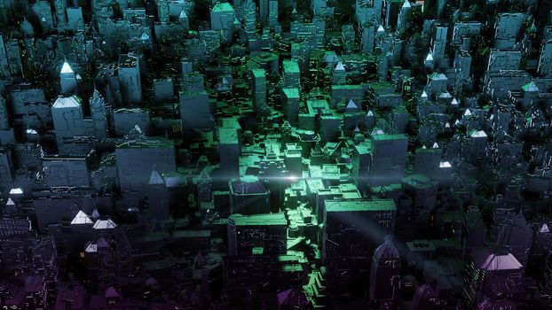 3d illustration - alien sci-fi city with optical flares