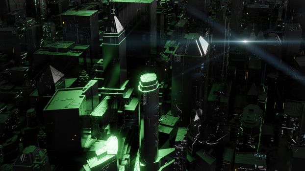 3d illustration - alien sci-fi city with optical flares