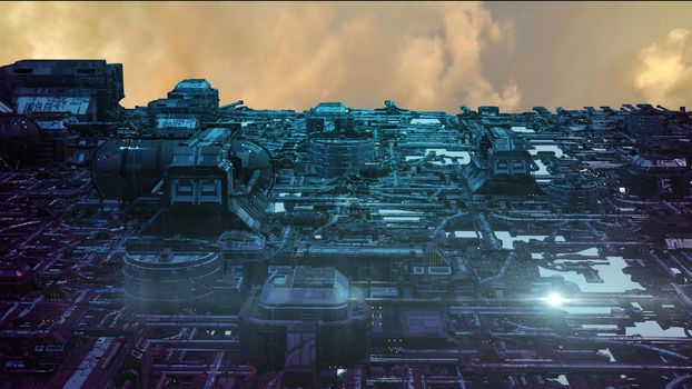 3d illustration - alien sci-fi city with optical flares