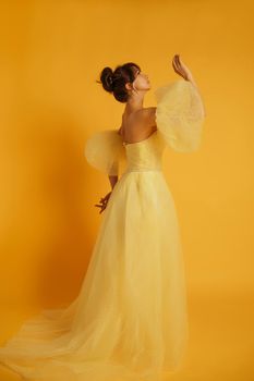 Profile portrait of a beautiful middle-aged woman in a yellow dress, her hair pulled up against a yellow background.