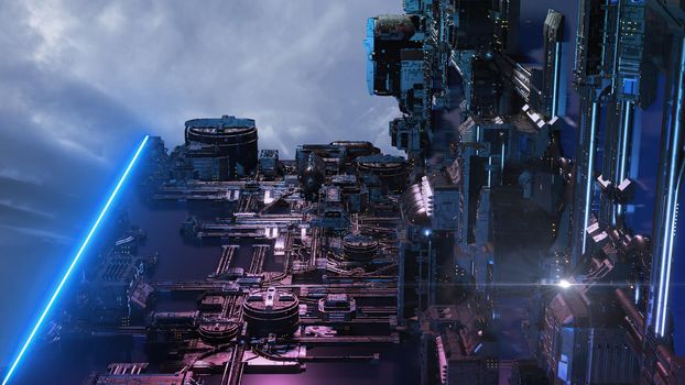 3d illustration - alien sci-fi city with optical flares