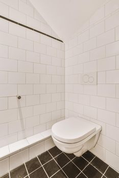 Bathroom interior with a toilet, white tiles on the walls and black on the floor in a modern house