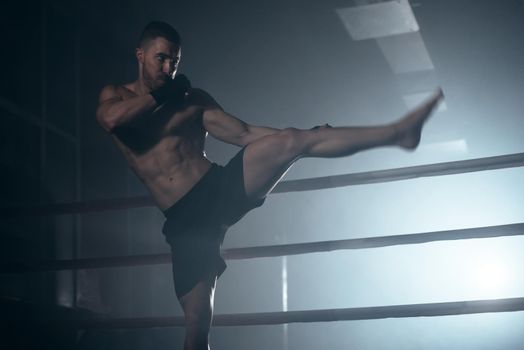 Muscular MMA fighter practicing kick, fight club concept. High quality photo