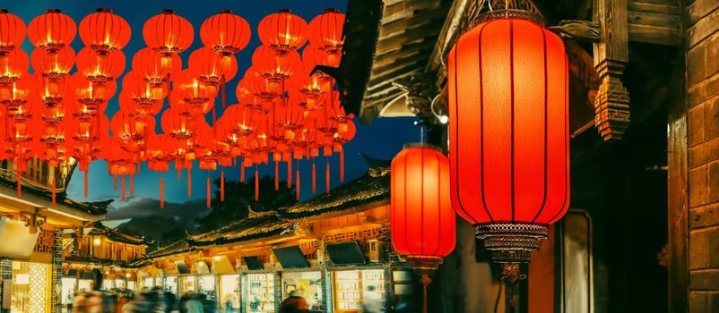 Lijiang old town in the evening with crowed tourist.