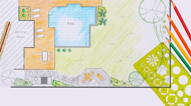 Backyard garden and pool design plan for villa.
