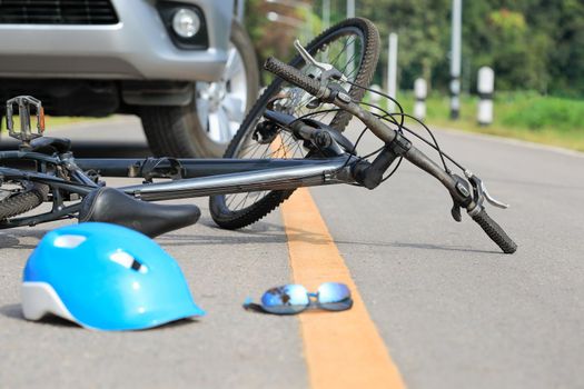 Accident car crash with bicycle on road