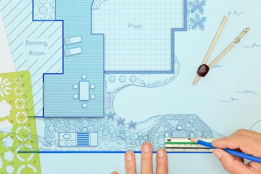 Blueprint backyard garden and pool design plan for villa.