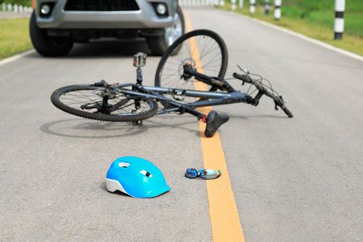 Accident car crash with bicycle on road