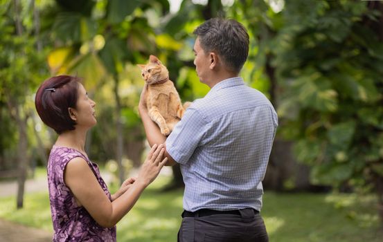 Middle aged couple relaxing with cat  in backyard.