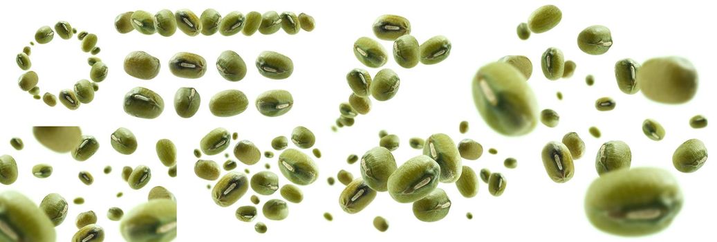 A set of photos. Green mash levitates on a white background.