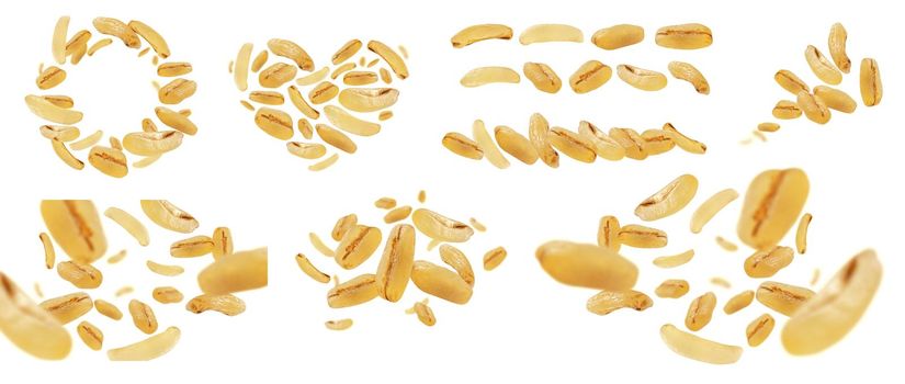 A set of photos. Bulgur grains levitate on a white background.