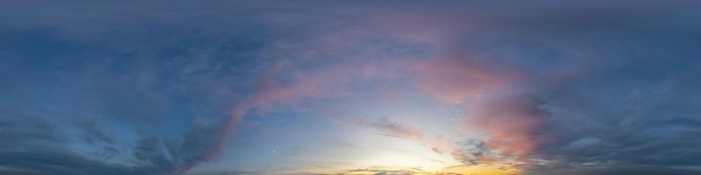 Dark blue twilight sky panorama with Cumulus clouds. Seamless hdr 360 panorama in spherical equiangular format. Full zenith or sky dome for 3D visualization, sky replacement for aerial drone panoramas