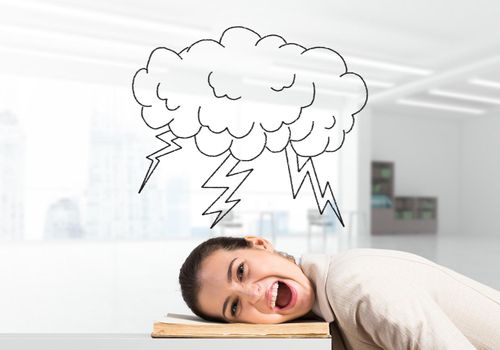 Business woman lying on desk with open mouth. Cloud with lightning above head. Tired lady yawning in light office interior. Paperwork deadline and overwork in office. Difficult situation at workplace