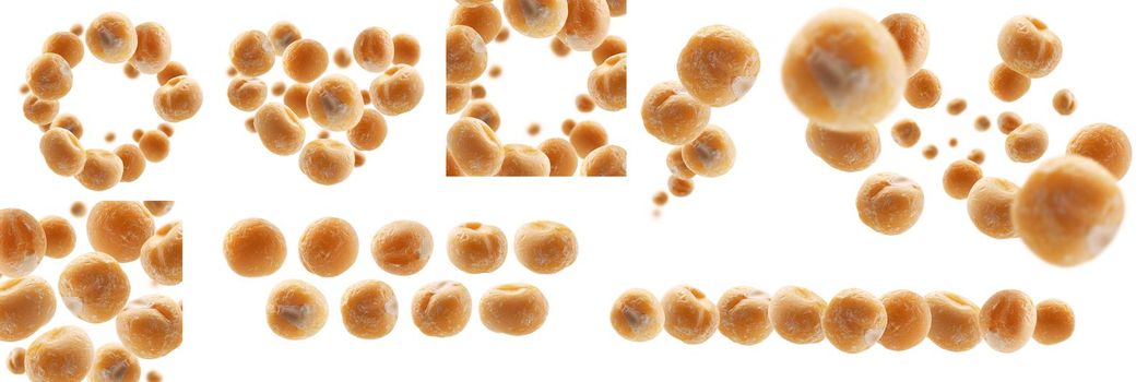 A set of photos. Dry yellow peas levitate on a white background.