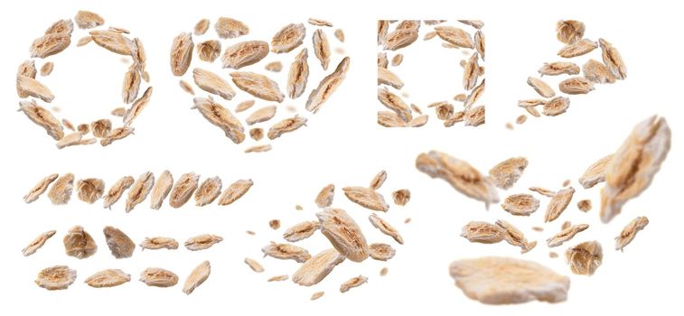 A set of photos. Dry oat flakes levitate on a white background.