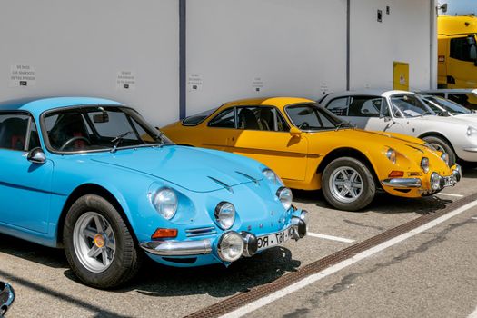 DIEPPE, FRANCE - JUNE 30, 2018: Alpine car blue modele 110 Berlinette V85 on the exposition Vintage and classic Cars.