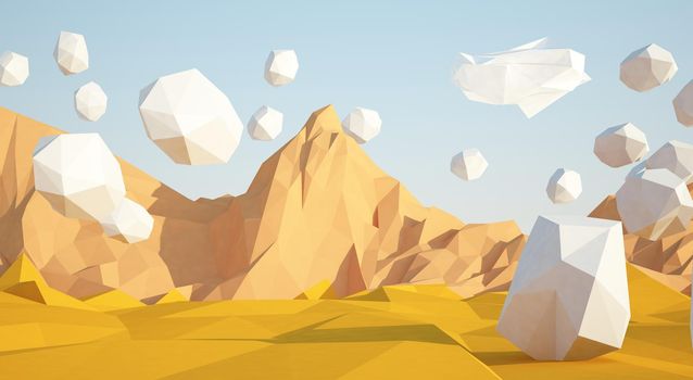 Abstract background with sand desert and white stones flying in the air . Early morning sunny illustration with blue sky .