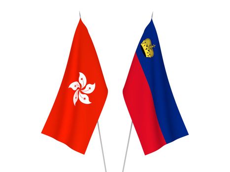 National fabric flags of Hong Kong and Liechtenstein isolated on white background. 3d rendering illustration.