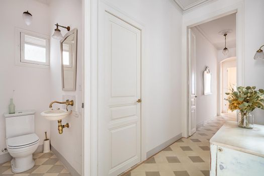 Narrow vintage style toilet with small sink and mirror.