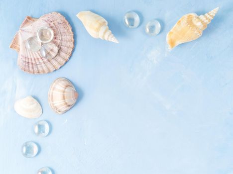 Mock up with frame of seashell on blue stone background, scallop shell, copy space. Summer concept of a holiday by sea
