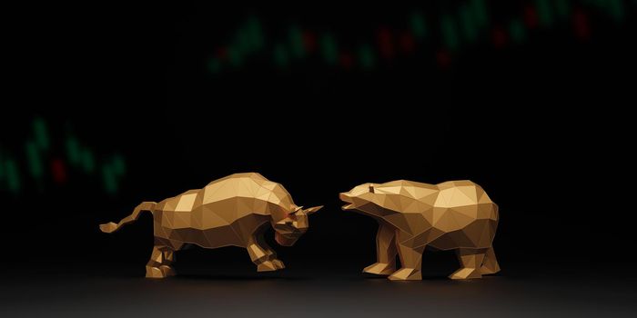 Bull and bear with candlestick chart on black background 3D render