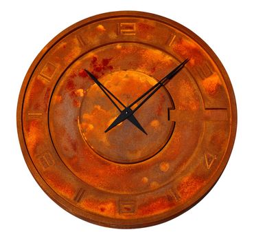 Round industrial wall clock in iron, rust all over the dial, isolated on white background.