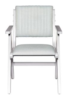 White wooden chair with fabric soft light seat upholstery and comfortable supportive back with armrests, photographed from the front, isolated on white background.