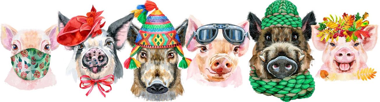 Cute border from watercolor portraits of pigs. Watercolor illustration of pigs in wreath of autumn leaves, biker glasses, red hat, chullo hat, knitted green hat and medical mask