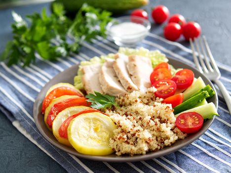 Healthy vegetable buddha bowl lunch with turkey, vegetables and quinoa on a blue background. Side view.