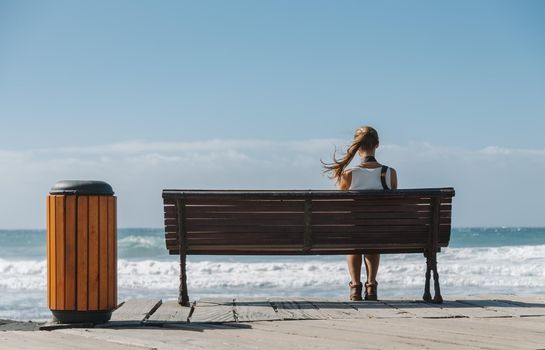 Young beautiful woman, with hair blowing in the wind, sitting on wooden bench at a beach looking to the blue ocean. Back view.