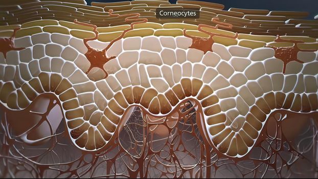 In the layer adjacent to the dermis, the keratinocytes are divided and thrown into the upper layers. 3D illustration