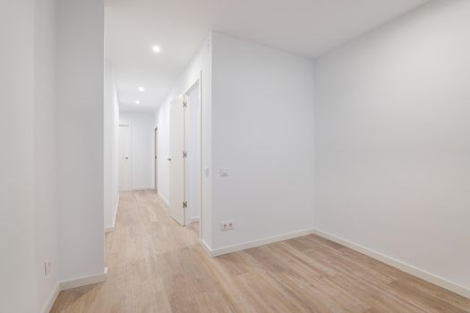 Empty white room with corridor leading to other rooms. Apartment after renovation