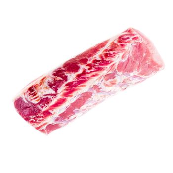large piece of meat, raw pork carbonate fillet isolated on white background, top view.