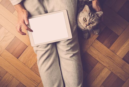 Woman sitting on floor with a cute cat and looking at tablet, search Internet, online shopping. Cat looks at camera