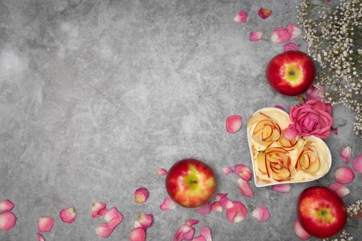 valentine's day rose apple pie, mother's day homemade cake, heart shaped pink. High quality photo