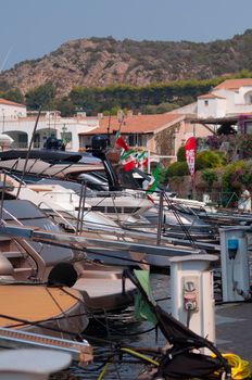 italy , porto quatu, 20 -08-2021 :Splendid view of Poltu Quatu port and bay with luxury yachts on Costa Smeralda