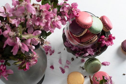 spring still life with colored macaroons and pink apple tree flowers in a pewter vase, colorful sweet food close up. High quality photo