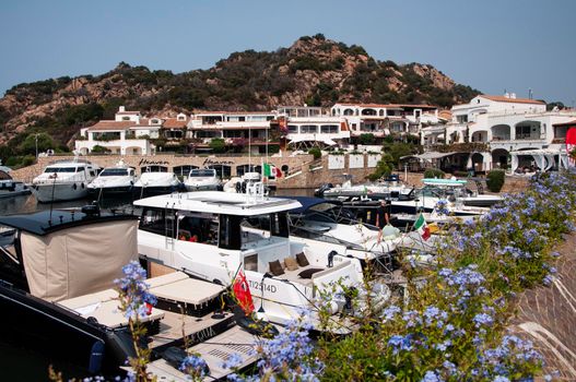 italy , porto quatu, 20 -08-2021 :Splendid view of Poltu Quatu port and bay with luxury yachts on Costa Smeralda