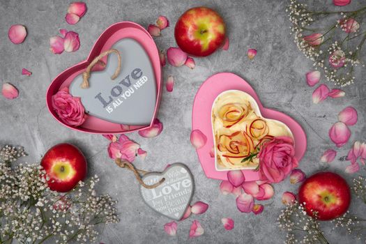 valentine's day rose apple pie, mother's day homemade cake, heart shaped pink. High quality photo