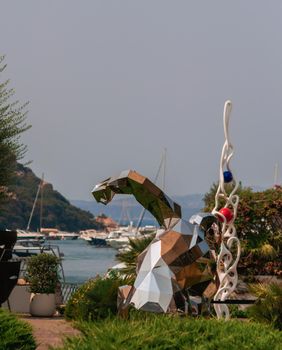 italy , porto quatu, 20 -08-2021 :Splendid view of Poltu Quatu port and bay with luxury yachts on Costa Smeralda