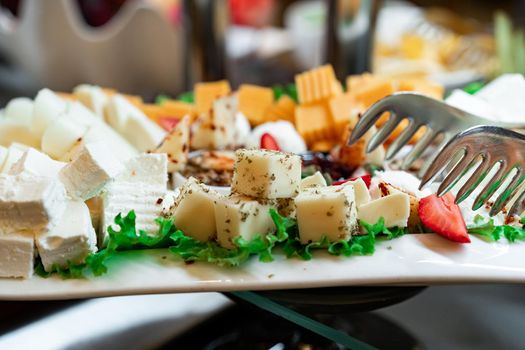 Plate cheese and salad appetizers are different kinds of cheese close-up