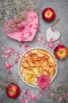 valentine's day rose apple pie, mother's day homemade cake, heart shaped pink. High quality photo