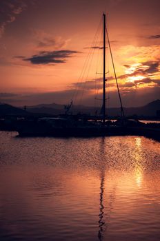 Panoramic view of marina di Olbia port and yacht marina at sunset