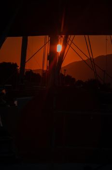 Panoramic view of marina di Olbia port and yacht marina at sunset