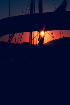 Panoramic view of marina di Olbia port and yacht marina at sunset