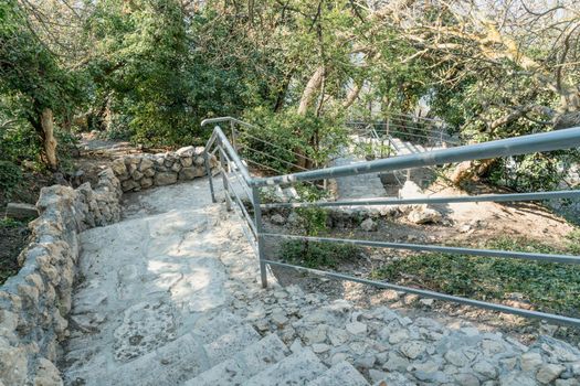 A new stone staircase of 800 steps to Jasper Beach, built in the spring of 2020. The reserve on the Black Sea. Cape Fiolent, Crimea Peninsula. The concept of unity with nature, outdoor activities